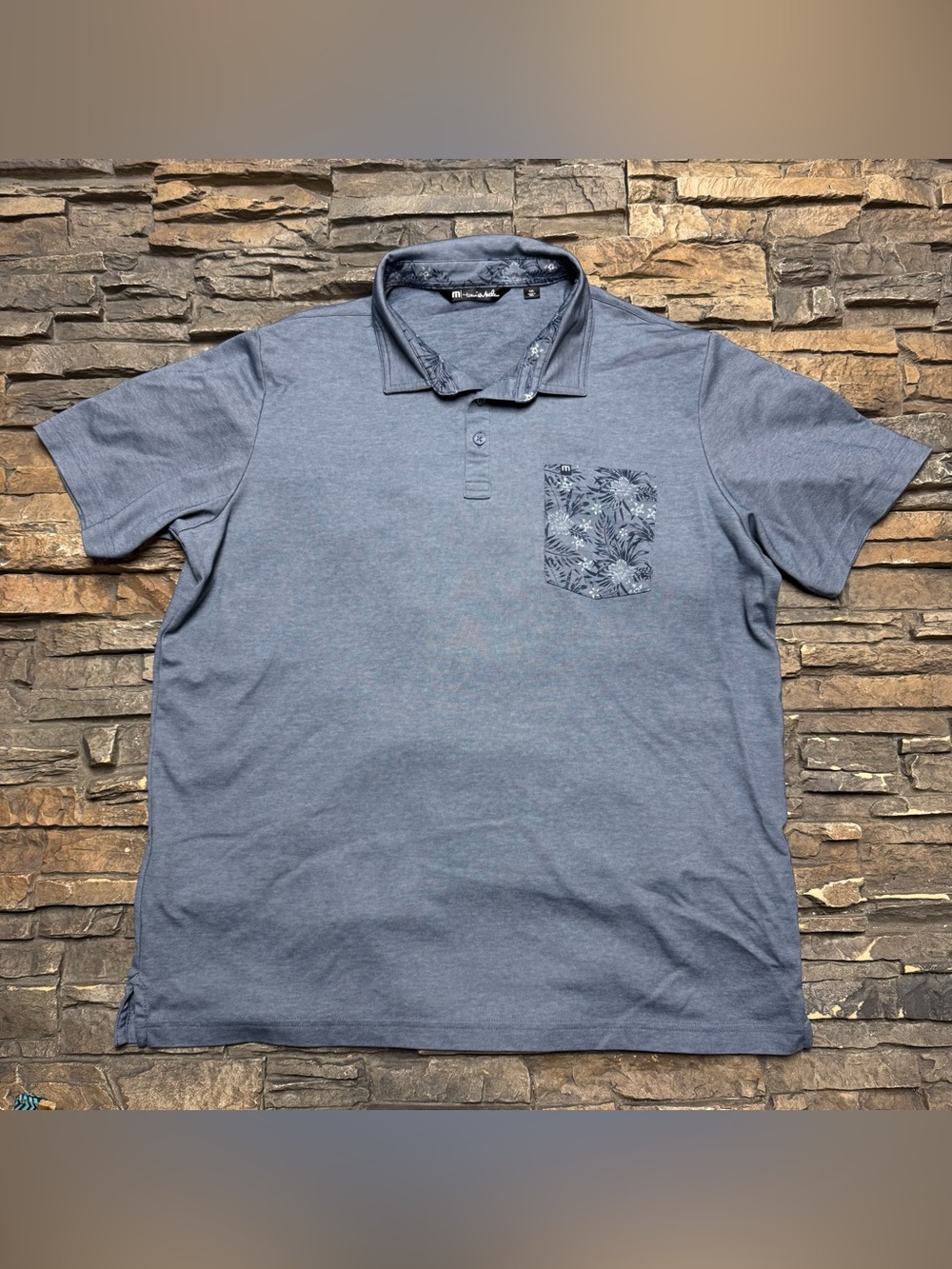 Travis Mathew Floral Pocket Polo Shirt Mens XXL Golf Blue No Maps Hawaii Casual